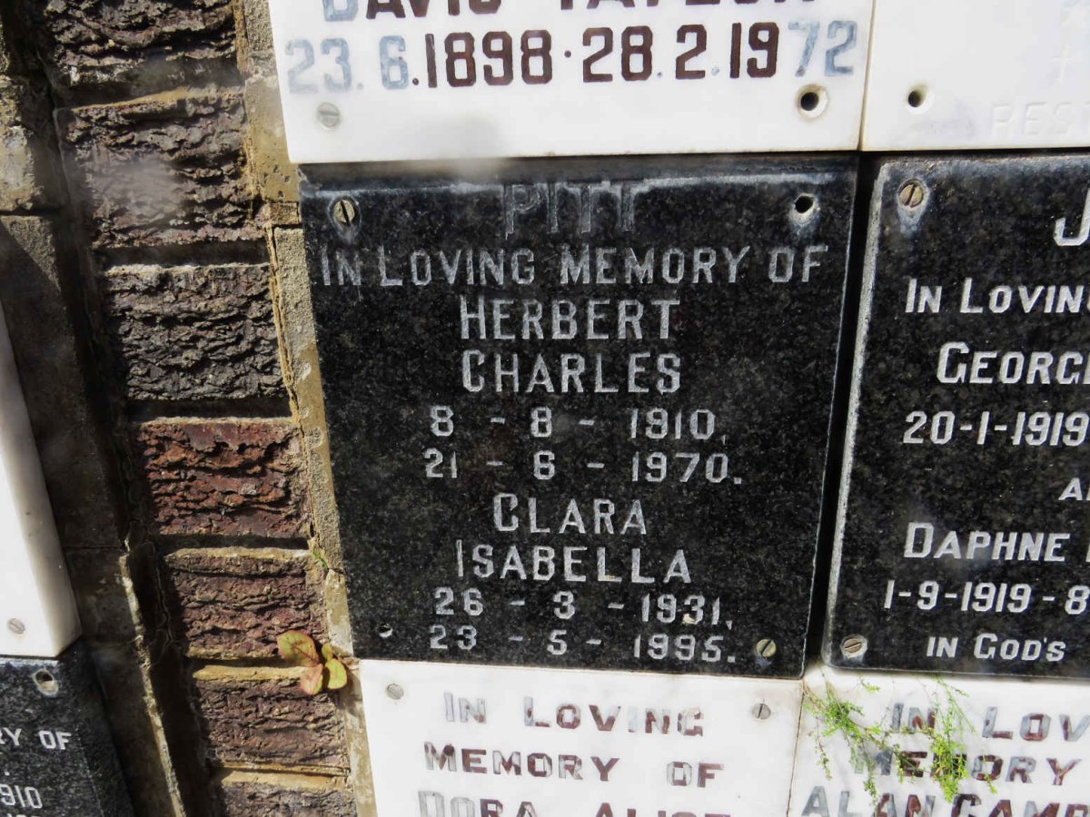 PITT Herbert Charles 1910-1970 &amp; Clara Isabella 1931-1995