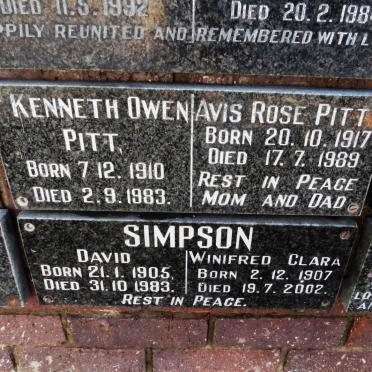 PITT Kenneth Owen 1910-1983 &amp; Avis Rose 1917-1989