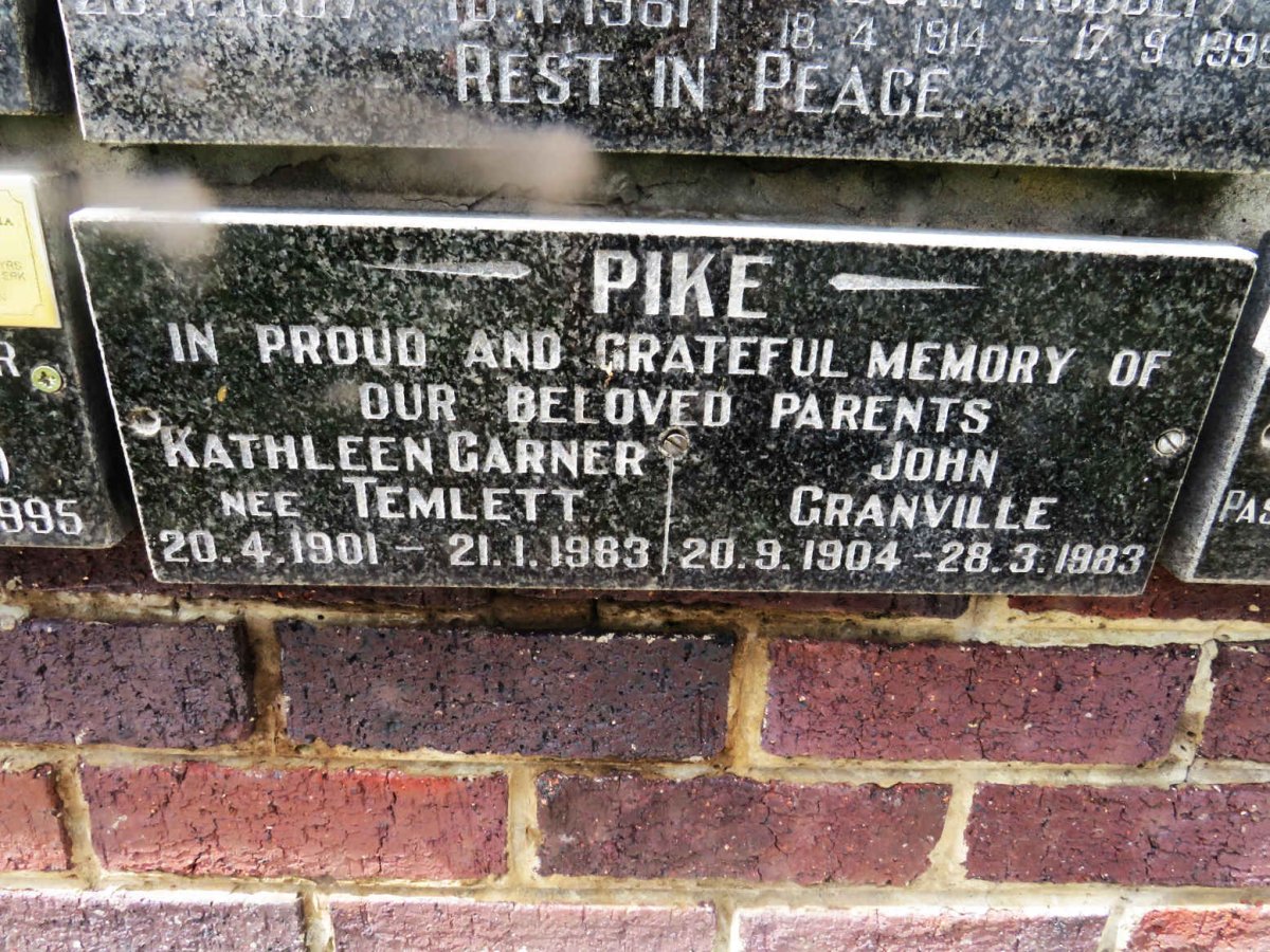 PIKE John Granville 1904-1983 &amp; Kathleen Garner TEMLETT 1901-1983