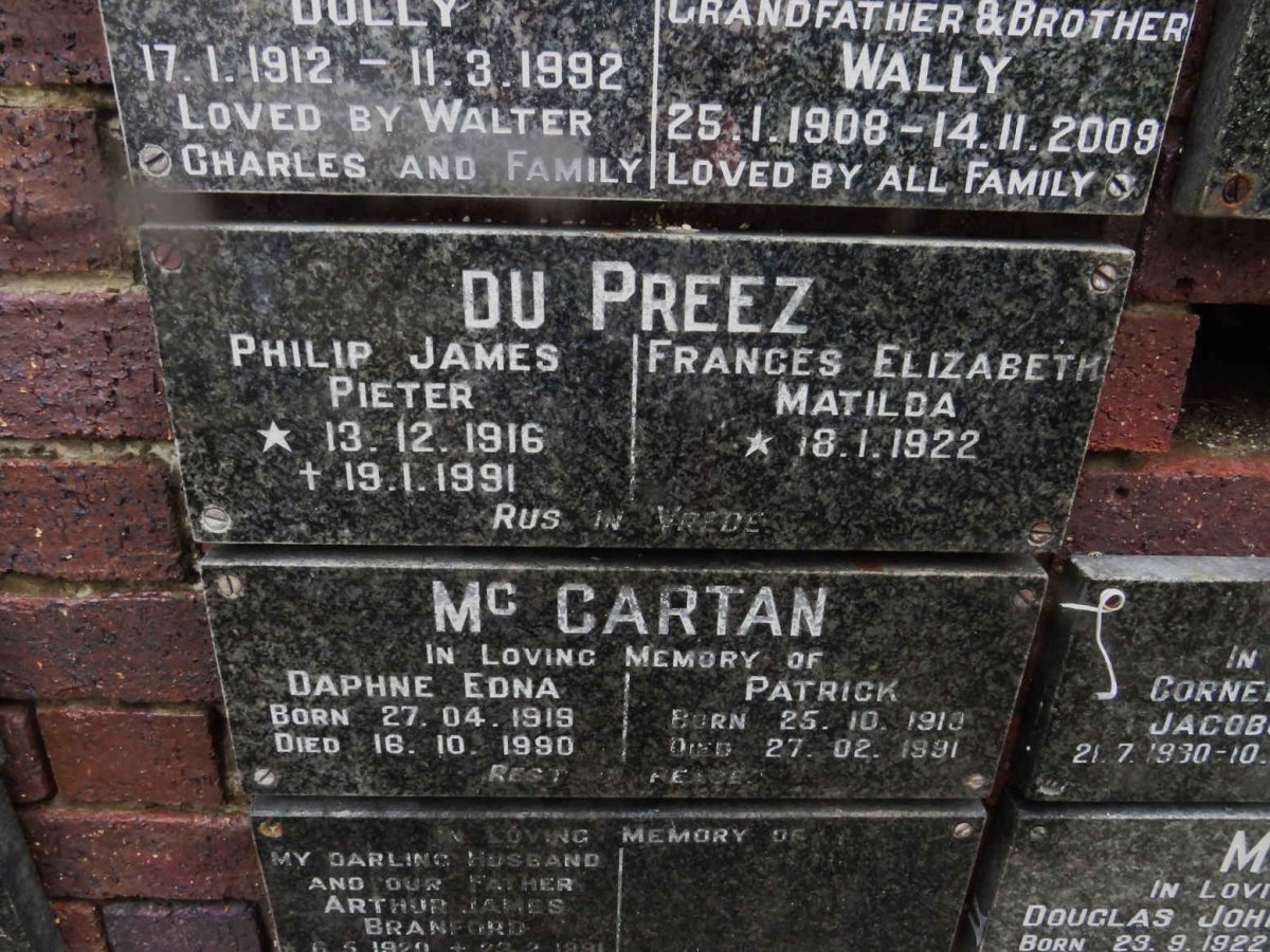 PREEZ Philip James Pieter, du 1916-1991 &amp; Frances Elizabeth Matilda 1922-