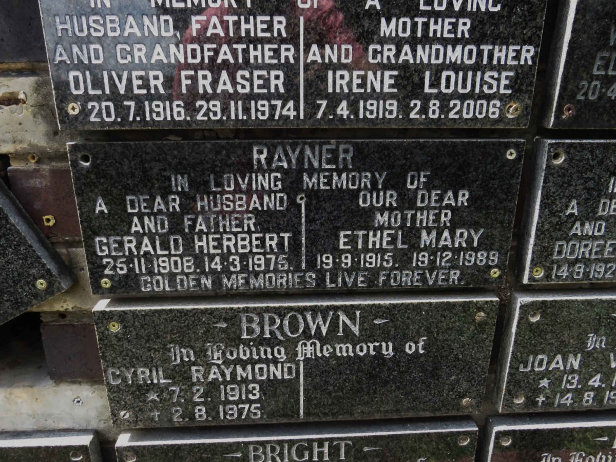 RAYNER Gerald Herbert 1908-1975 &amp; Ethel Mary 1915-1989