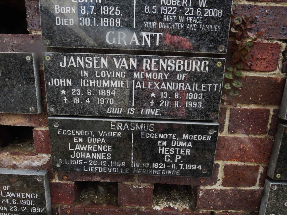 RENSBURG John, Jansen van 1894-1970 &amp; Alexandra 1903-1993