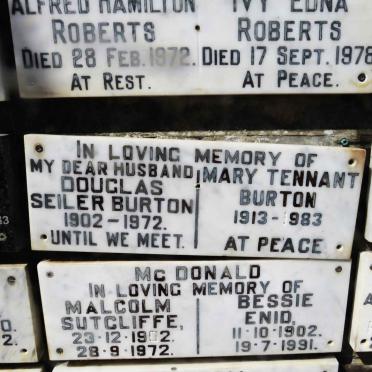 ROBERTS Alfred Hamilton -1972 & Ivy Edna -1978 :: BURTON Douglas Seiler 1902-1972 & Mary Tennant 1913-1983