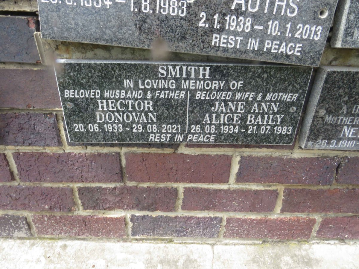 SMITH Hector Donovan 1933-2021 &amp; Jane Ann Alice BAILY 1934-1983