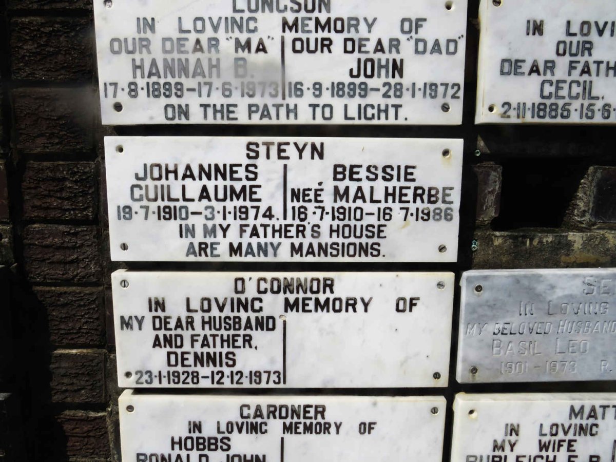 STEYN Johannes Guillaume 1910-1974 &amp; Bessie MALHERBE 1910-1986