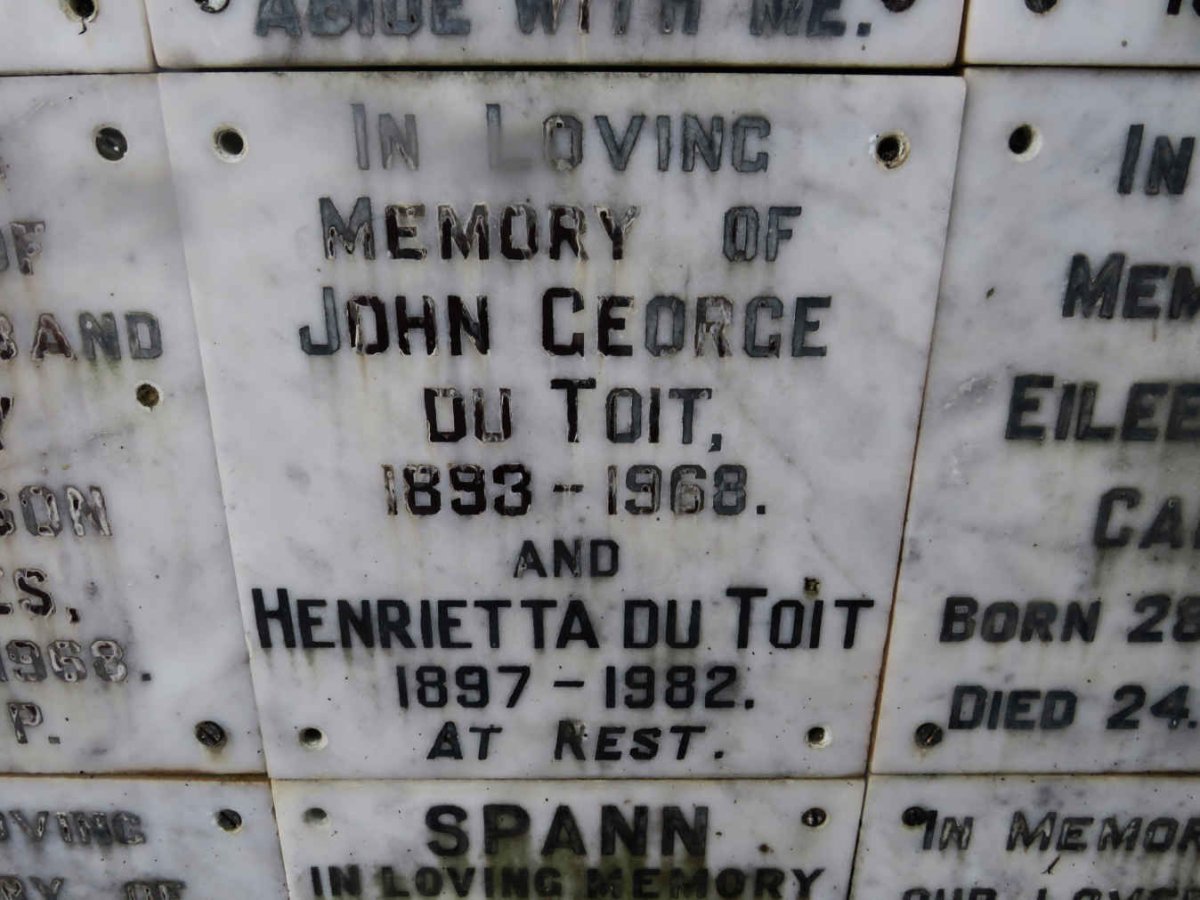 TOIT John George, du 1893-1968 &amp; Henrietta 1897-1982