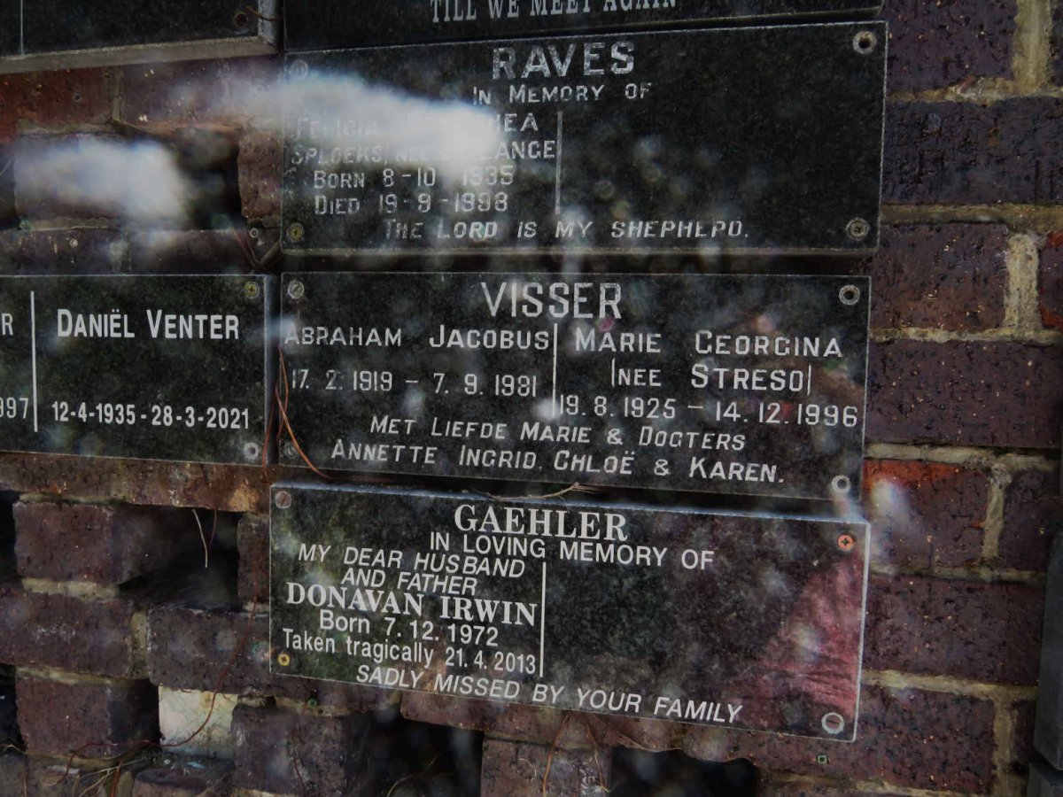 VISSER Abraham Jacobus 1919-1981 &amp; Marie Georgina STRESO 1925-1996