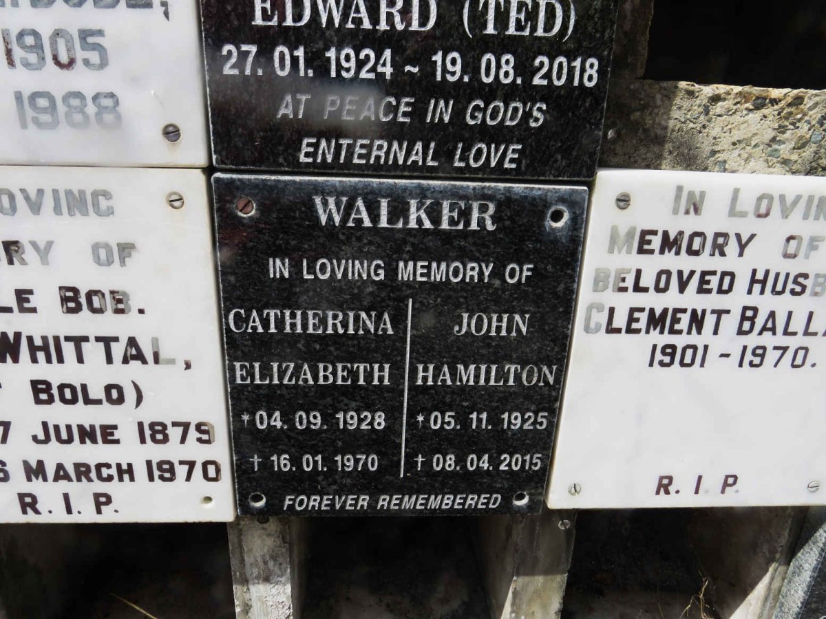 WALKER John Hamilton 1925-2015 &amp; Catherina Elizabeth 1928-1970