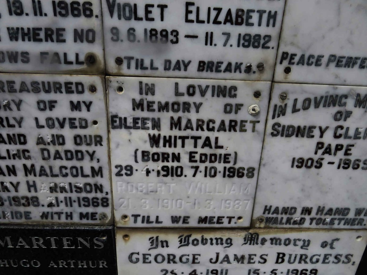 WHITTAL Robert 1910-1987 &amp; Eileen Margaret EDDIE 1910-1968