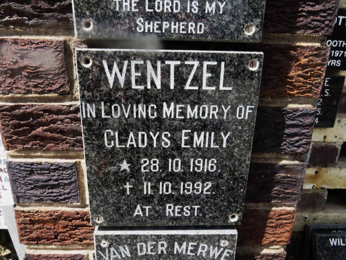 WENTZEL Gladys Emily 1916-1992
