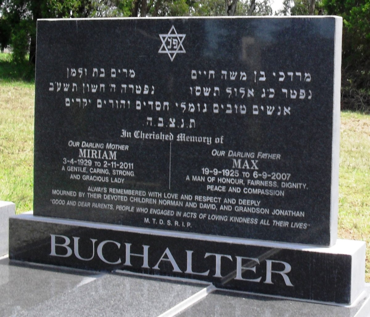 BUCHALTER Max 1925-2007 &amp; Miriam 1929-2011