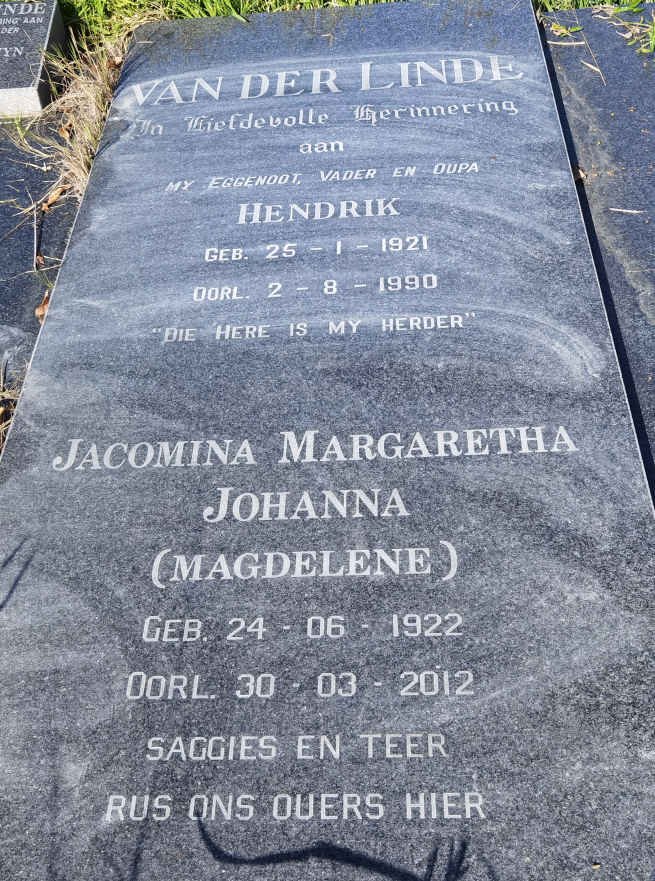 LINDE Hendrik, van der 1921-1990 &amp; Jacomina Margaretha Johanna 1922-2012