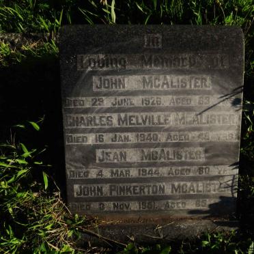 MCALISTER John -1926 :: MCALISTER Charles Melville -1940 :: MCALISTER Jean -1944 :: MCALISTER John Pinkerton -1951
