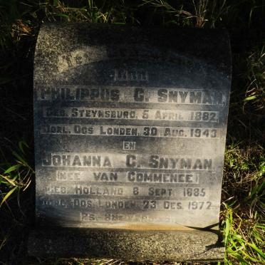 SNYMAN Philippus C. 1822-1943 & Johanna C. VAN COMMENEE 1885-1972