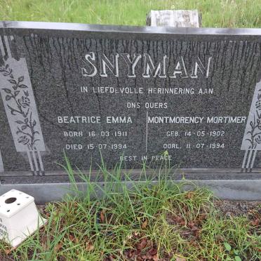 SNYMAN Montmorency Mortimer 1902-1994 &amp; Beatrice Emma 1911-1994