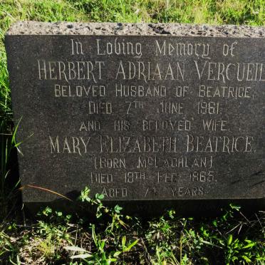 VERCUEIL Herbert Adriaan -1961 & Mary Elizabeth Beatrice nee MCLACHLAN -1965