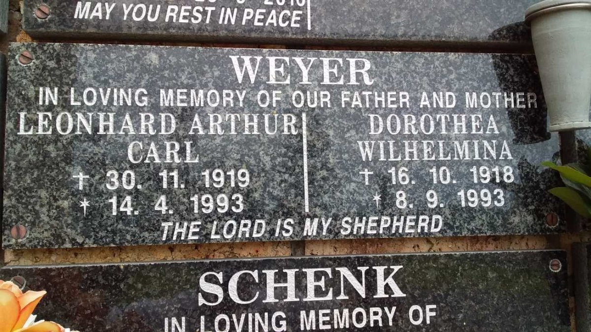 WEYER Leonhard Arthur Carl 1919-1993 &amp; Dorothea Wilhelmina 1918-1993