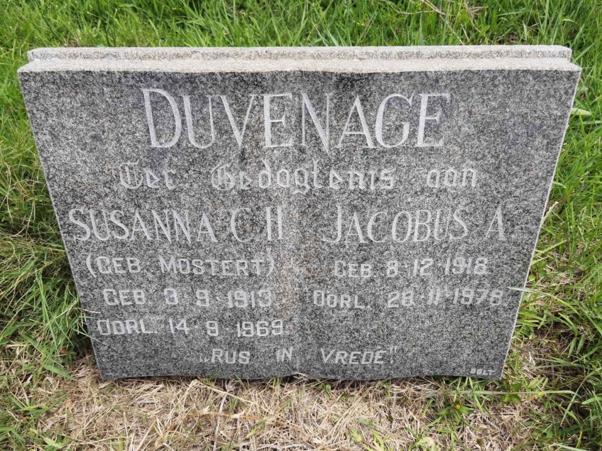 DUVENAGE Jacobus A. 1918-1978 &amp; Susanna C.H. MOSTERT 1913-1969