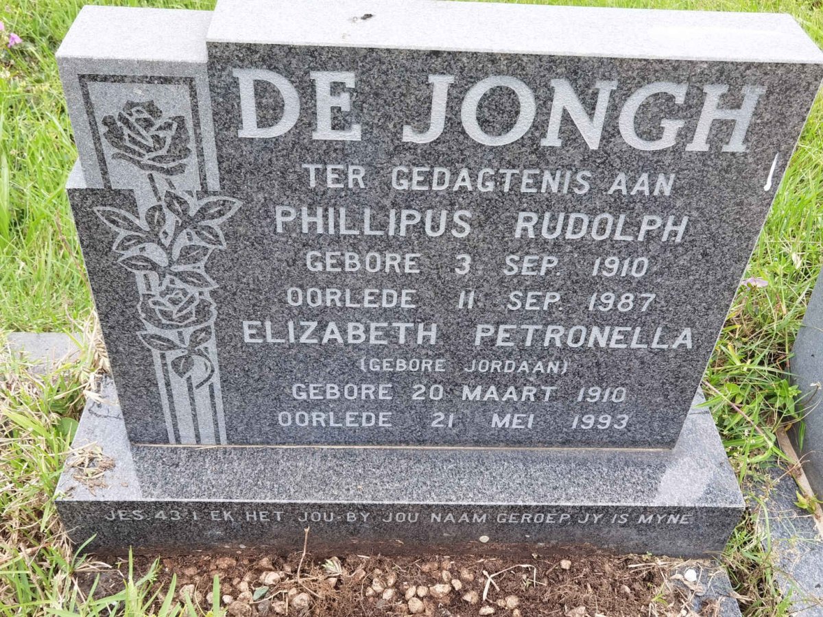 JONGH Phillipus Rudolph, de 1910-1987 &amp; Elizabeth Petronella JORDAAN 1910-1993