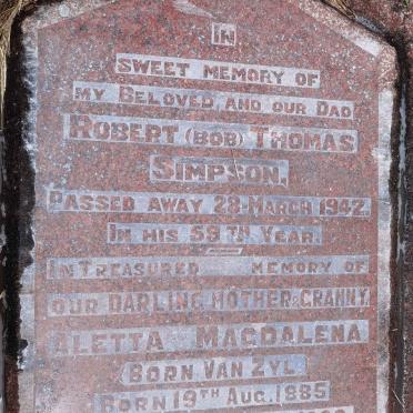 SIMPSON Robert Thomas -1942 & Aletta Magdalena VAN ZYL 1885-1963