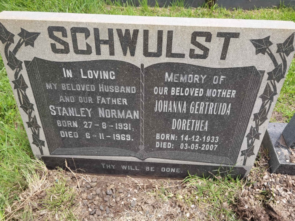SCHWULST Stanley Norman 1931-1969 &amp; Johanna Gertruida Dorethea 1933-2007