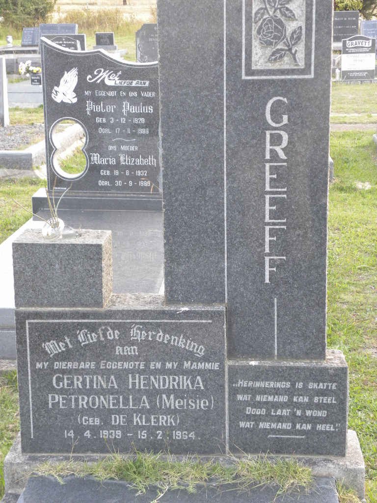 GREEFF Gertina Hendrika Petronella nee DE KLERK 1939-1964