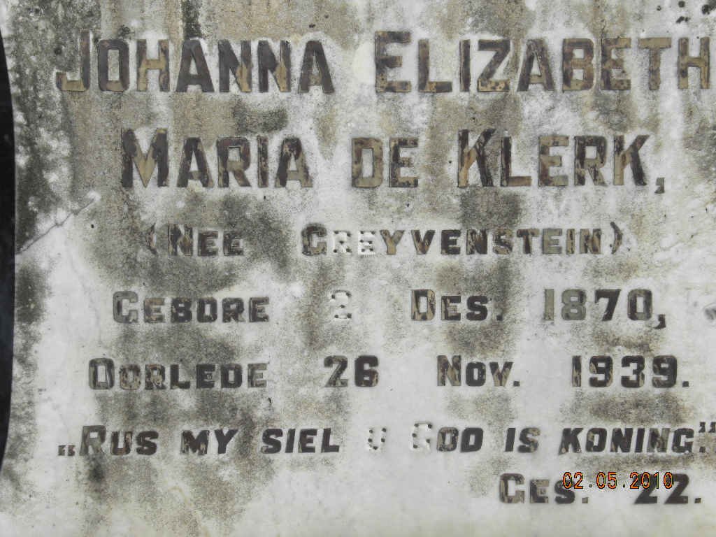 KLERK Johanna Elizabeth Maria, de nee GREYVENSTEIN 1870-1939