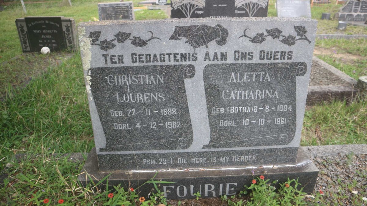 FOURIE Christian Lourens 1888-1962 &amp; Aletta Catharina BOTHA 1894-1961