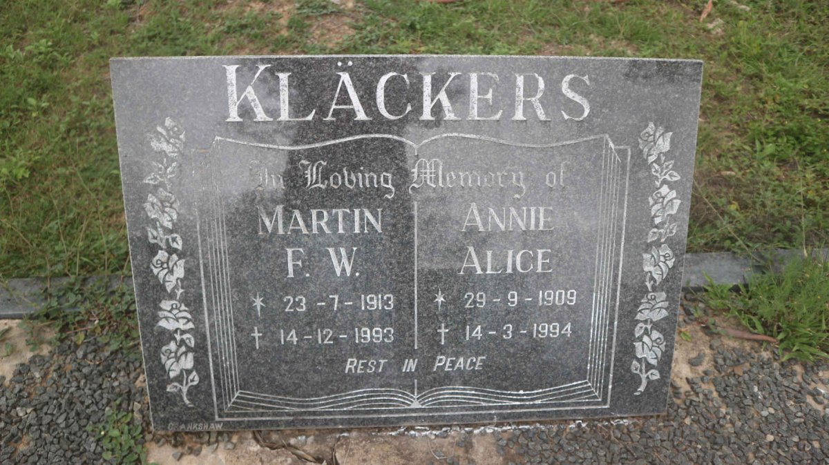 KLACKERS Martin F.W. 1913-1993 &amp; Annie Alice 1909-1994