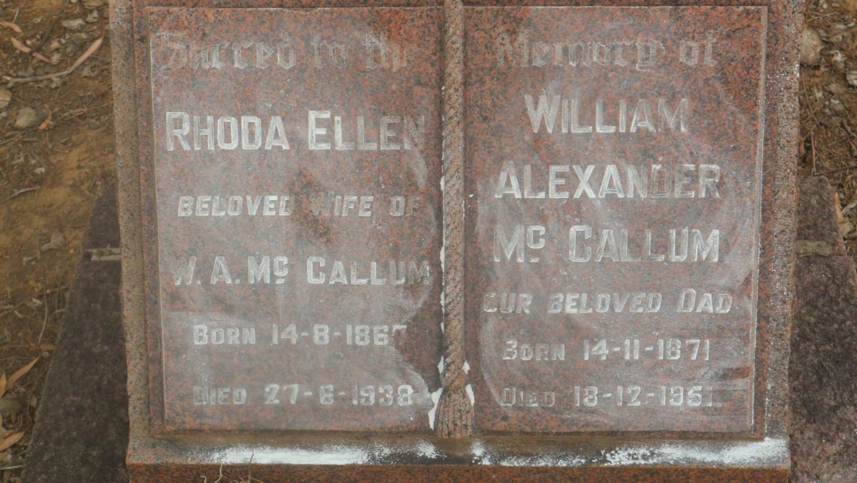 McCALLUM William Alexander 1871-1951 &amp; Rhoda Ellen 1867-1938