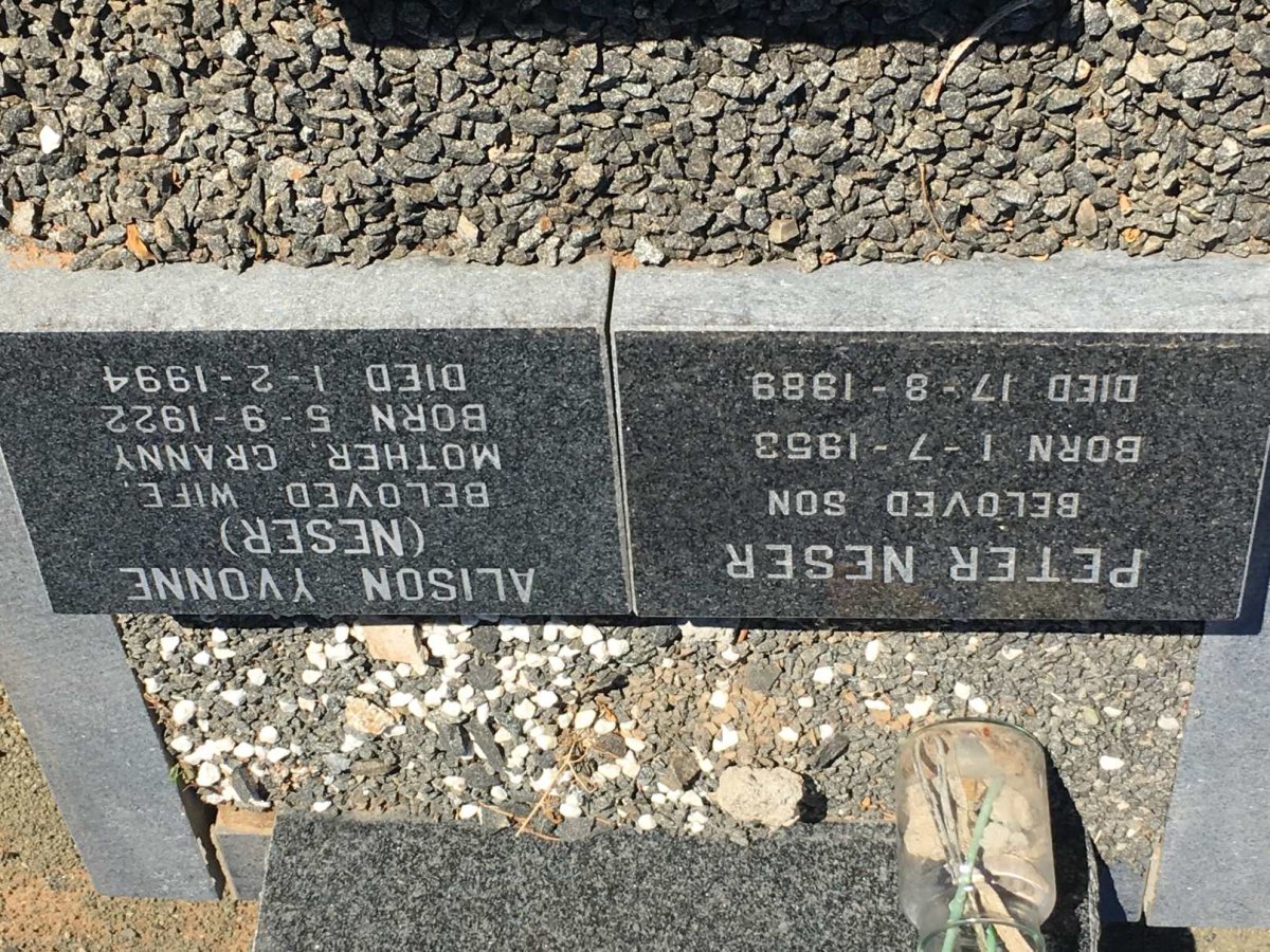 WESTHUIZEN Alison Yvonne nee NESER 1922-1994 :: V.D. WESTHUIZEN Peter Neser 1953-1989