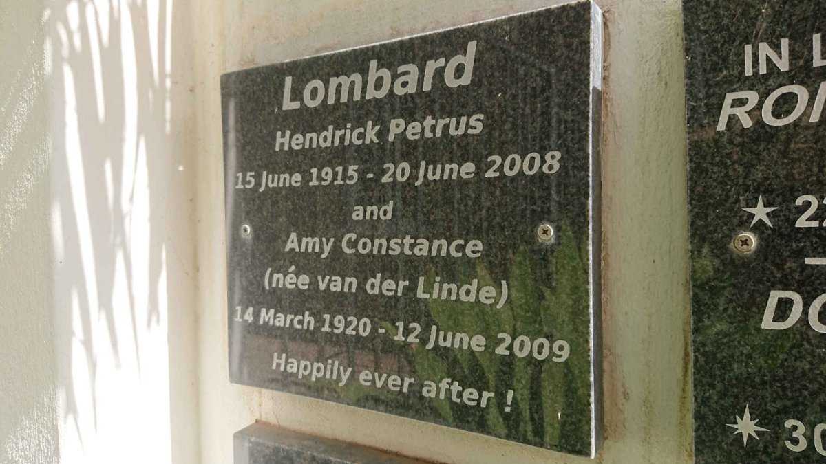 LOMBARD Hendrick Petrus 1915-2008 &amp; Amy Constance VAN DER LINDE 1920-2009