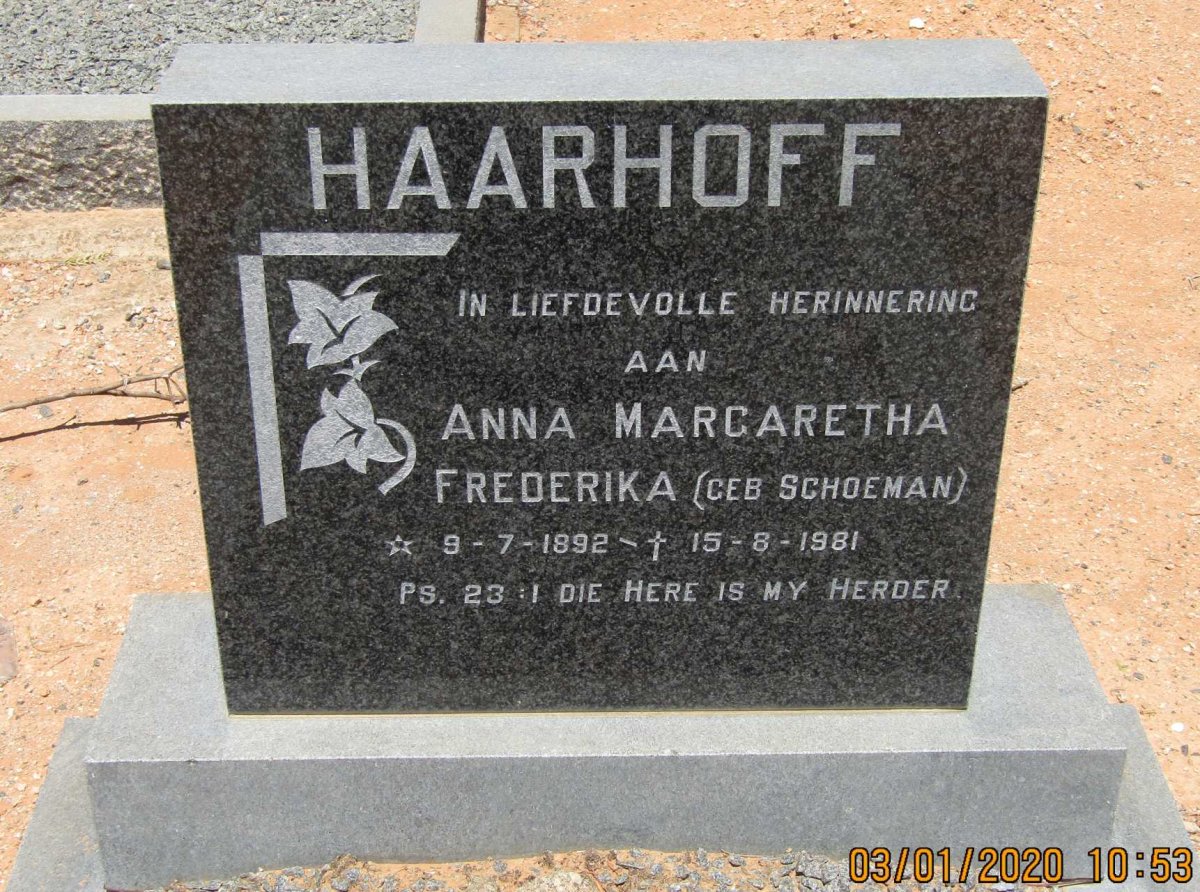 HAARHOFF Anna Margaretha Frederika nee SCHOEMAN 1892-1981