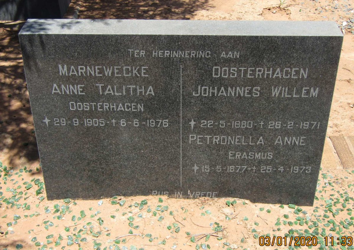 OOSTERHAGEN Johannes Willem 1880-1971 :: ERASMUS 1877-1973 :: MARNEWECKE Anne Talitha nee OOSTERHAGEN 1905-1976