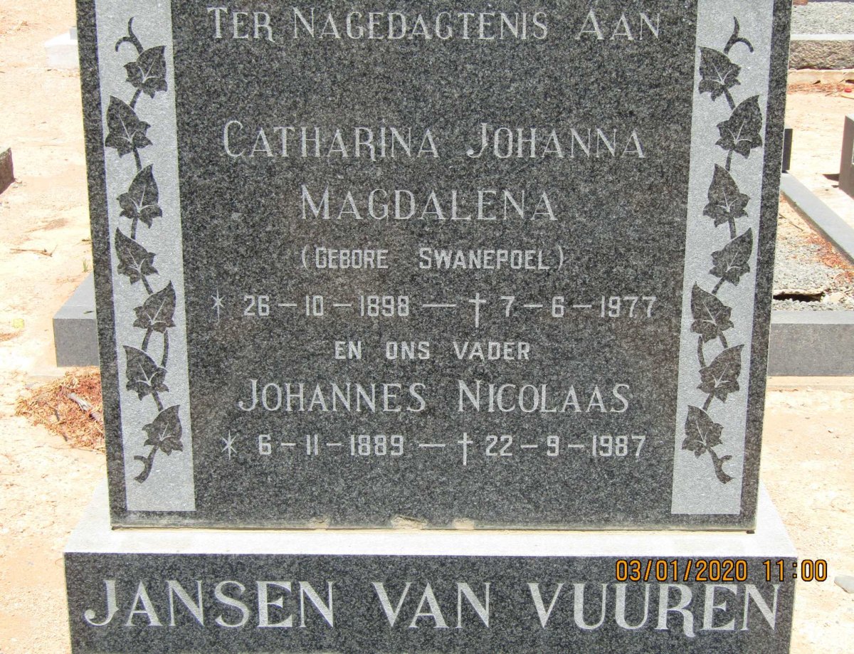 VUUREN Johannes Nicolaas, Jansen van 1889-1987 &amp; Catharina Johanna Magdalena SWANEPOEL 1898-1977