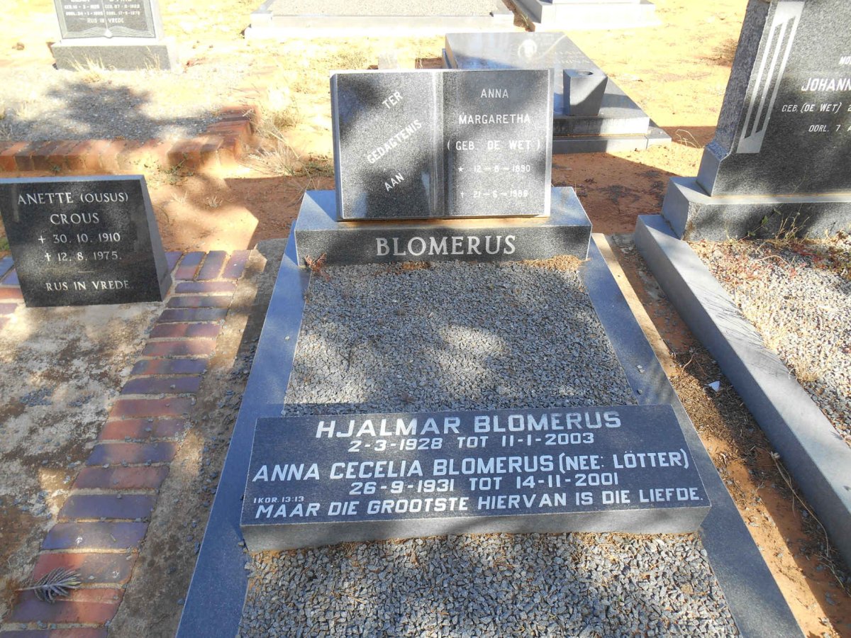 BLOMERUS Anna Margaretha nee DE WET 1890-1986 :: BLOMERUS Hjalmar 1928-2003 &amp; Anna Cecelia  LÖTTER 1931-2001