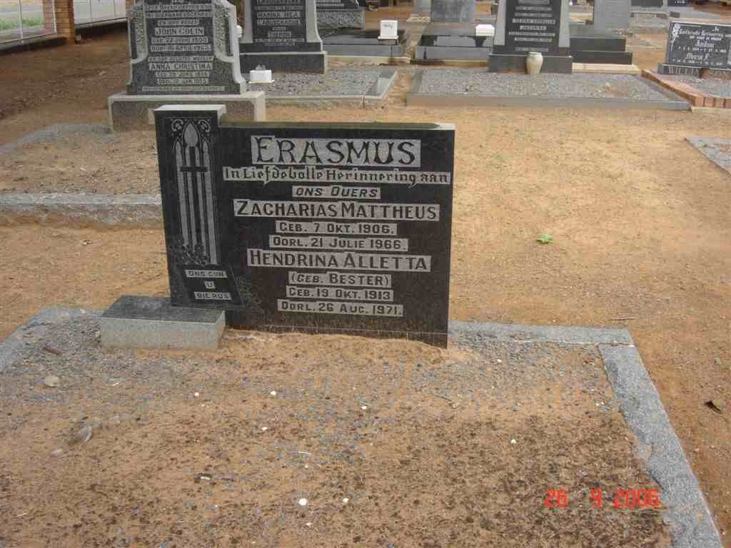 ERASMUS Zacharias Mattheus 1906-1966 &amp; Hendrina Alletta BESTER 1913-1971