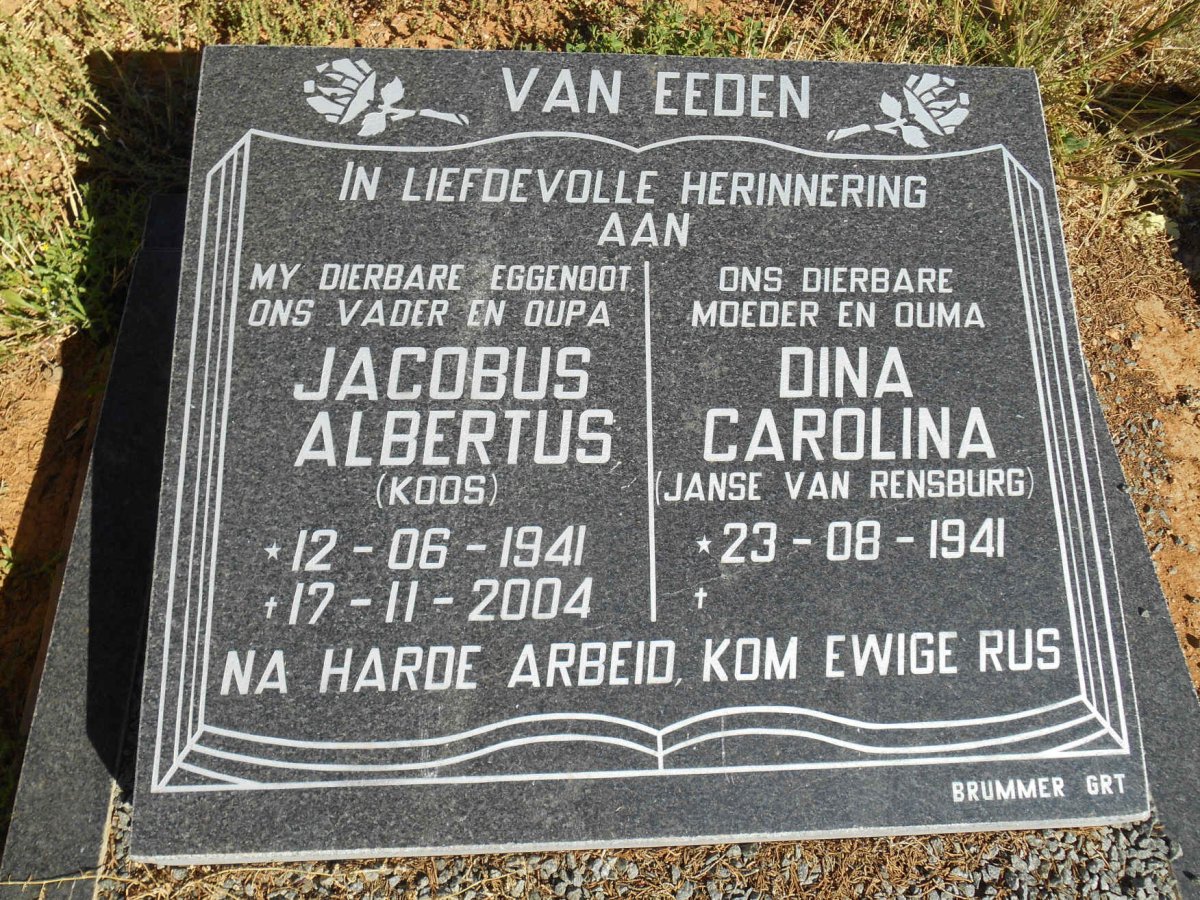 EEDEN Jacobus Albertus, van 1941-2004 &amp; Dina Carolina JANSE VAN RENSBURG 1941-