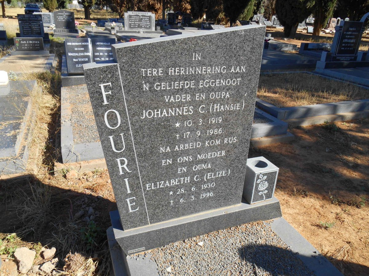 FOURIE Johannes C. 1919-1986 &amp; Elizabeth C. 1930-1996