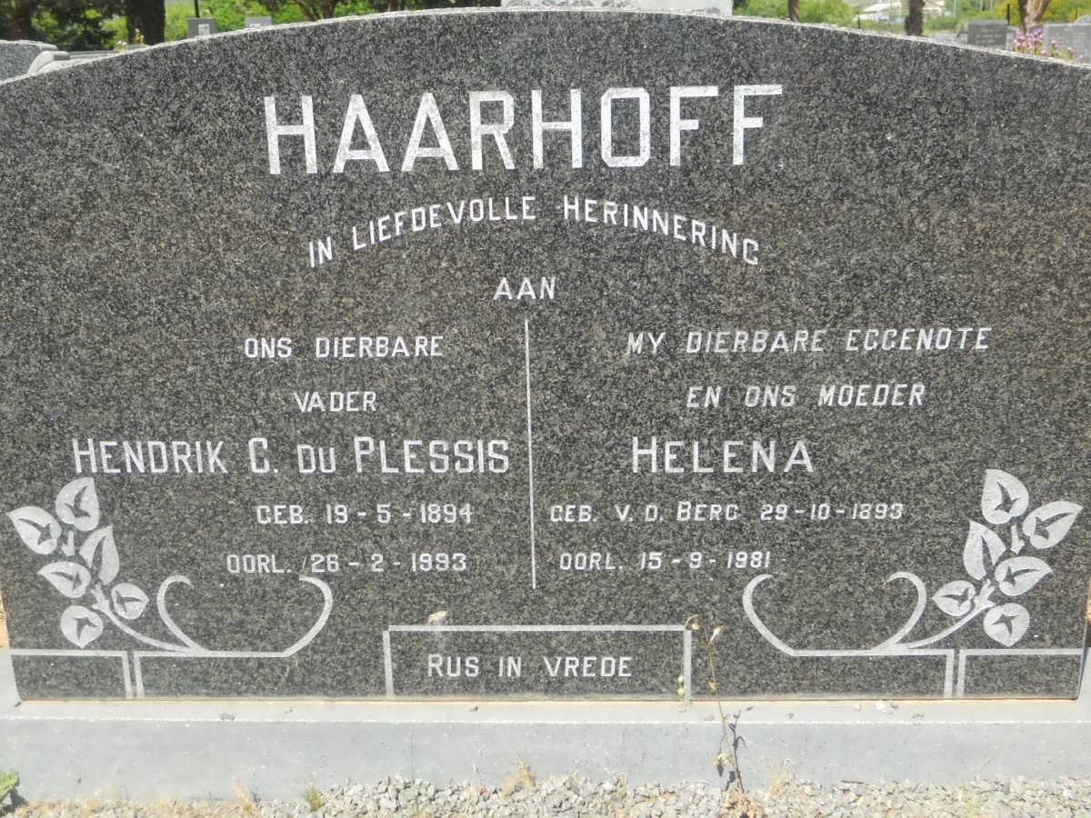HAARHOFF Hendrik C. Du Plessis 1894-1993 &amp; Helena V.D. BERG 1893-1981