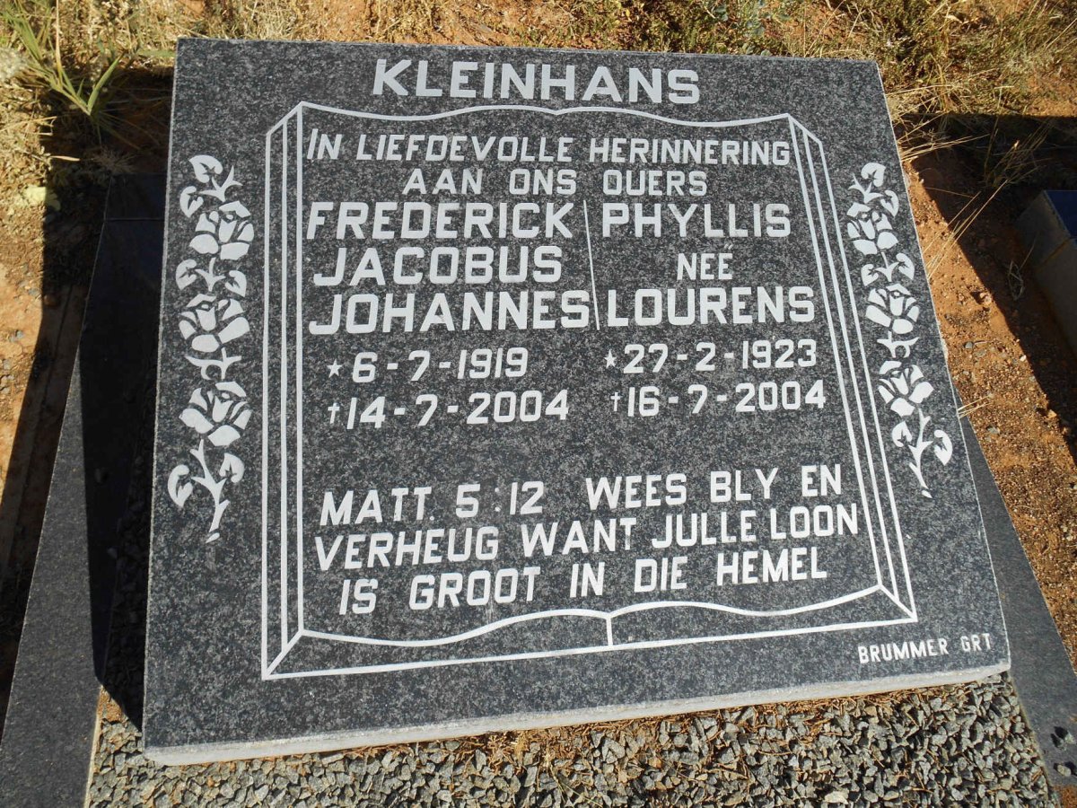 KLEINHANS Frederik Jacobus Johannes 1919-2004 &amp; Phyllis LOURENS 1923-2004