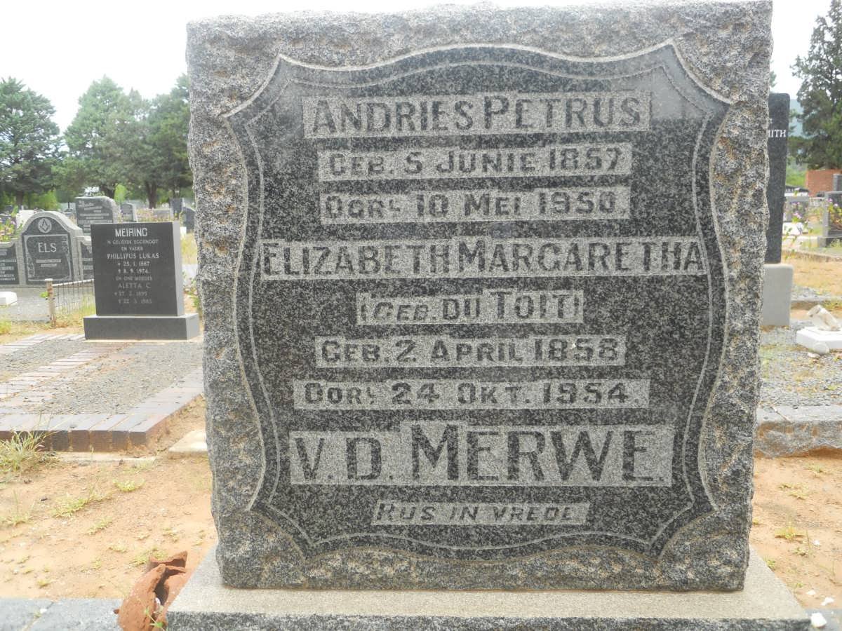 MERWE Andries Petrus, v.d. 1857-1950 &amp; Elizabeth Margaretha DU TOIT 1858-1954