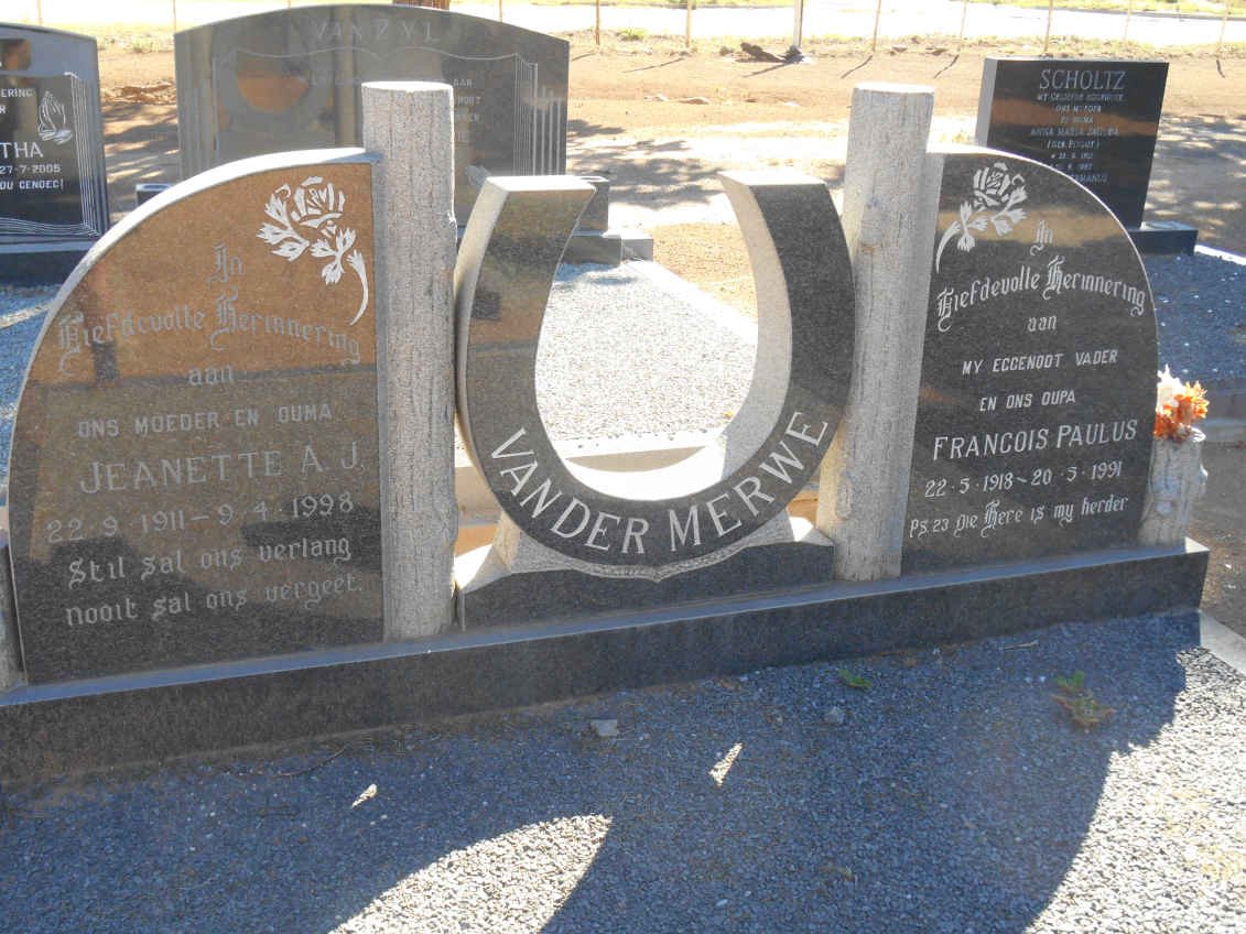 MERWE Francois Paulus, van der 1918-1991 &amp; Jeanette A.J. 1911-1998