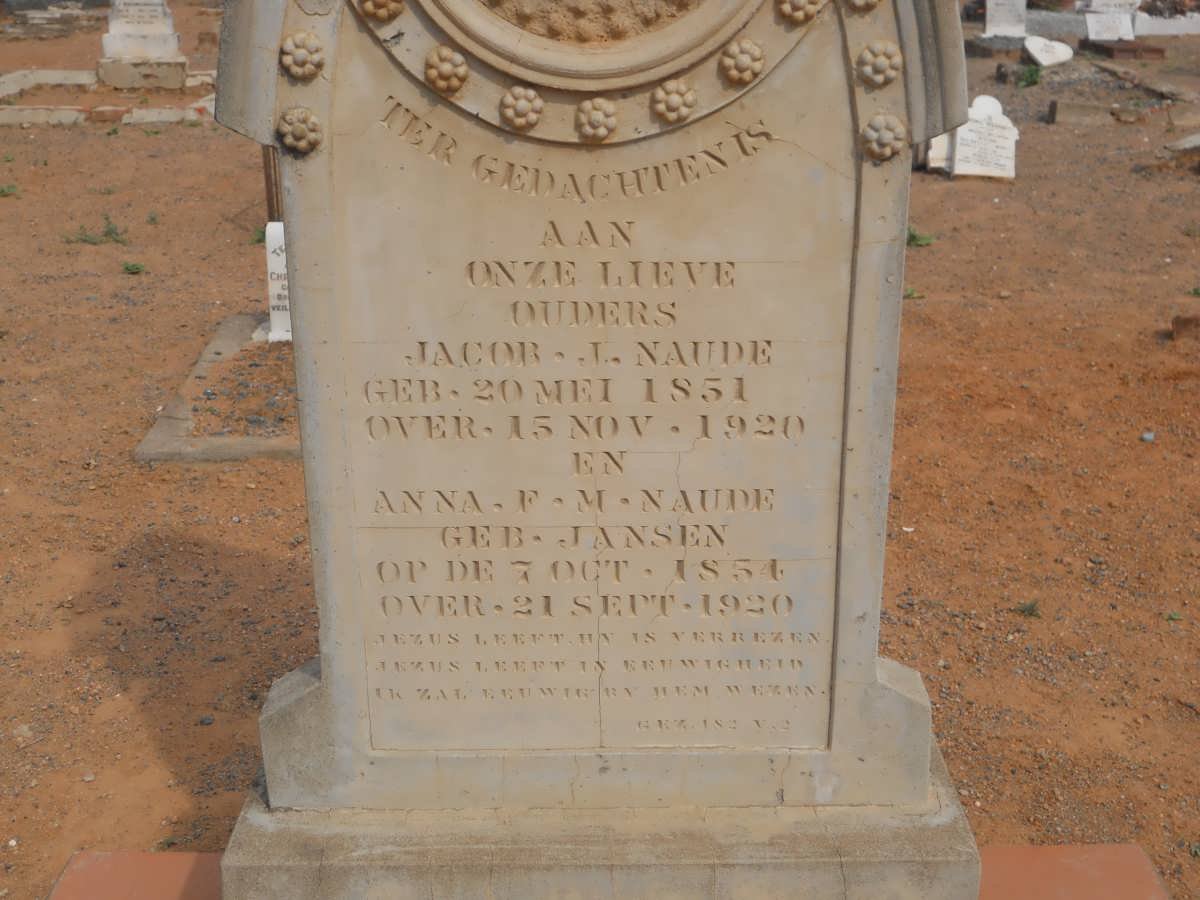 NAUDE Jacob J. 1851-1920 &amp; Anna F.M. JANSEN 1854-1920