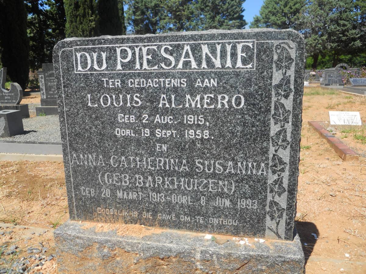PIESANIE Louis Almero, du 1915-1958 &amp; Anna Catherina Susanna BARKHUIZEN 1913-1993