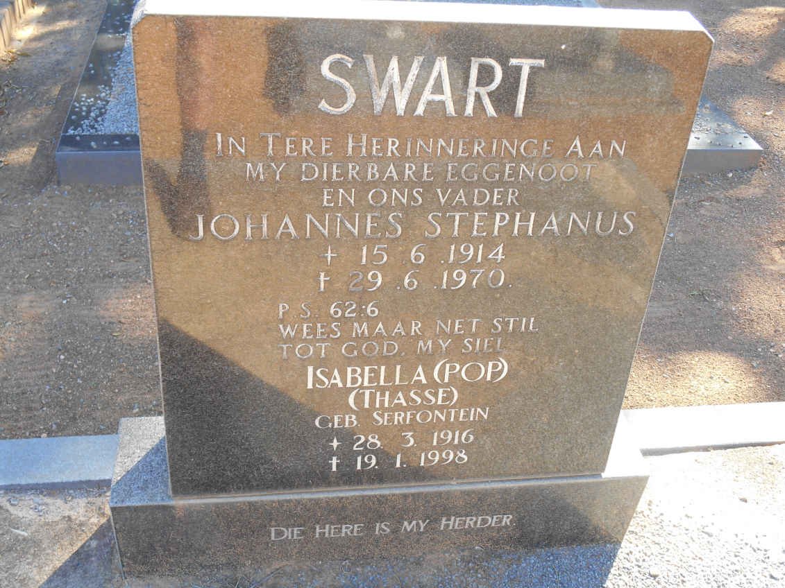 SWART Johannes Stephanus 1914-1970 &amp; Isabella formerly THASSE nee SERFONTEIN 1916-1998