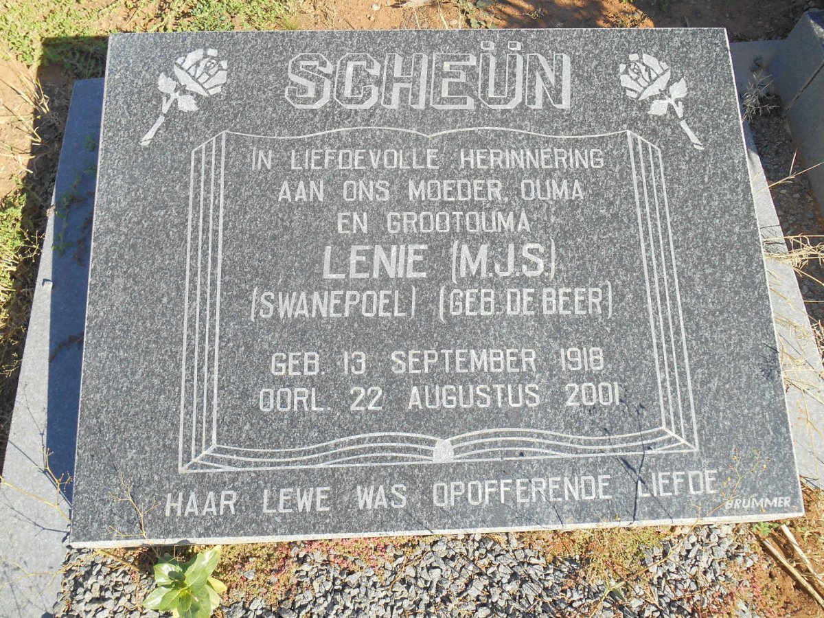 SCHEÜN  M.J.S. voorheen SWANEPOEL nee DE BEER 1918-2001