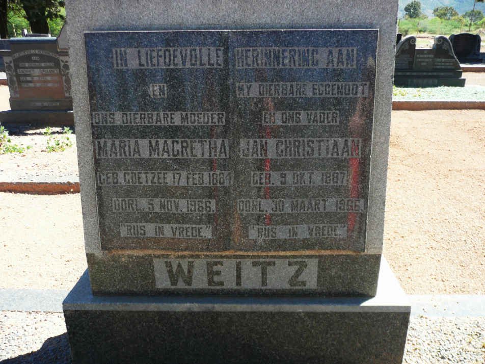 WEITZ Jan Christiaan 1887-1966 &amp; Maria Magretha COETZEE 1884-1966