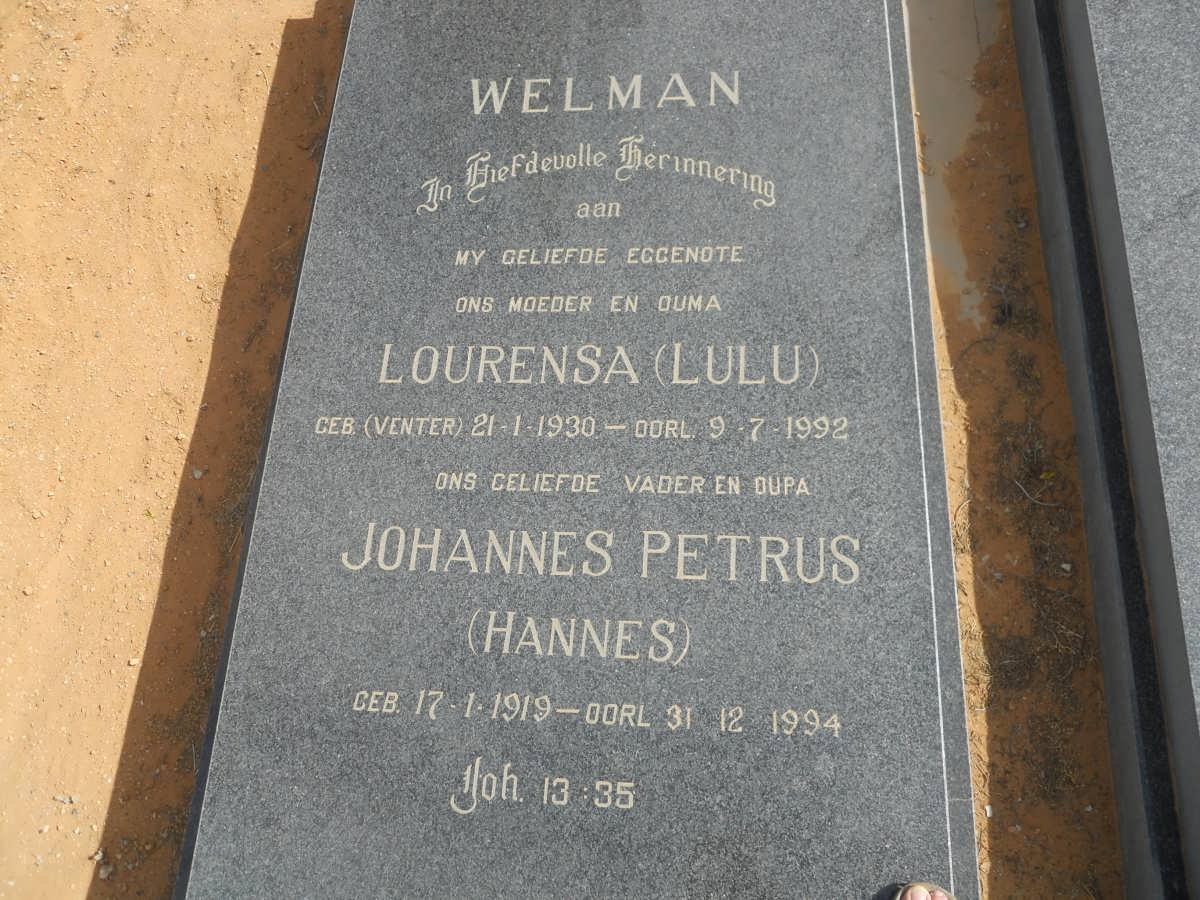 WELMAN Johannes Petrus 1919-1994 &amp; Lourensa 1930-1992