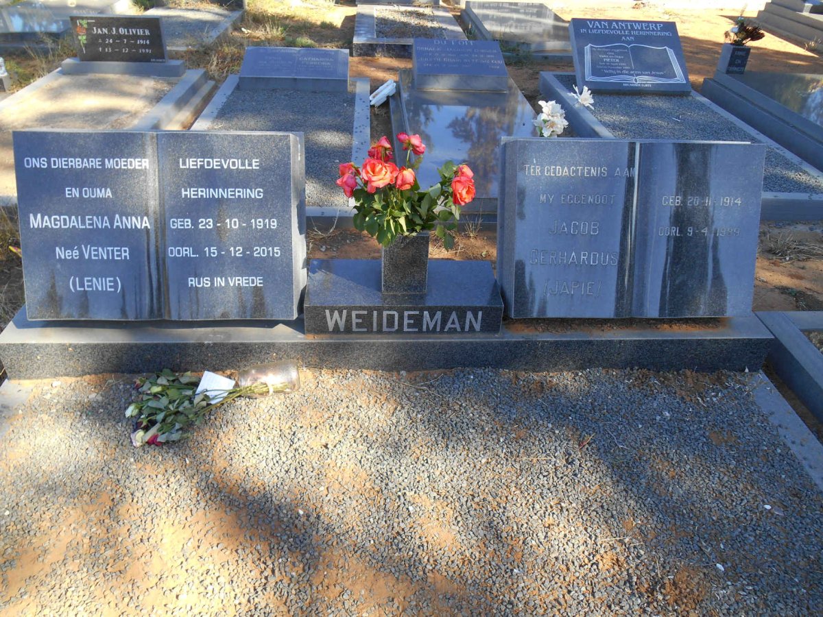 WEIDEMAN Jacob Gerhardus 1914-1989 &amp; Magdalena Anna VENTER 1919-2015
